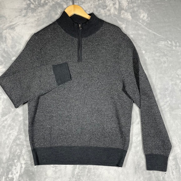 BONOBOS Men's Herringbone Quarter Zip Sweater 100% Merino Wool Gray Size M - Picture 2 of 9